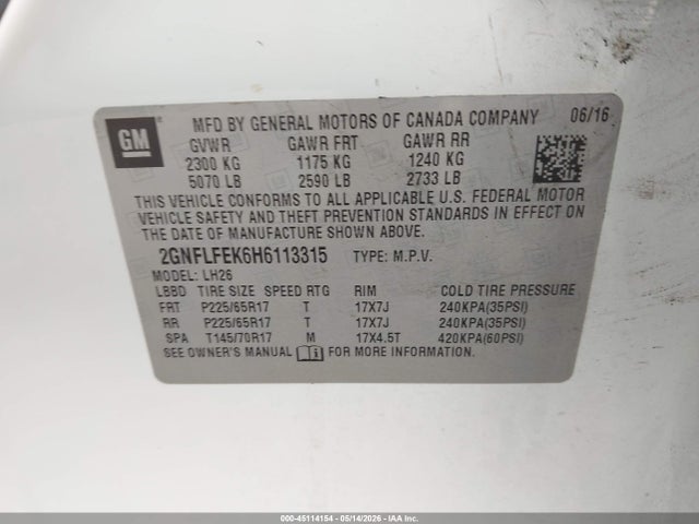 45114154 :رقم المزاد ، 2GNFLFEK6H6113315 vin ، 2017 Chevrolet Equinox Lt مزاد بيع