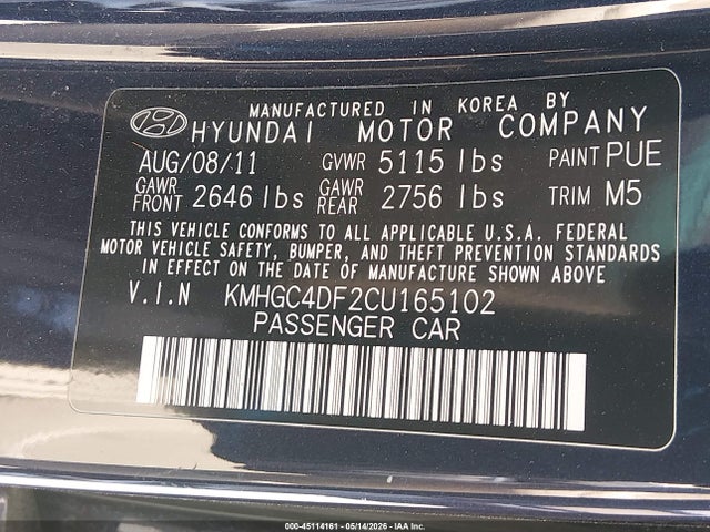 Aukcja sprzedaży 2012 Hyundai Genesis 4.6, vin: KMHGC4DF2CU165102, numer aukcji: 45114161