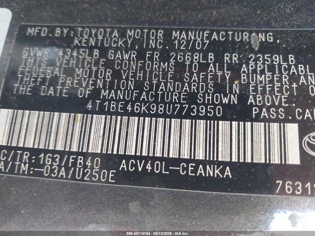 Aukcja sprzedaży 2008 Toyota Camry Le, vin: 4T1BE46K98U773950, numer aukcji: 45114164
