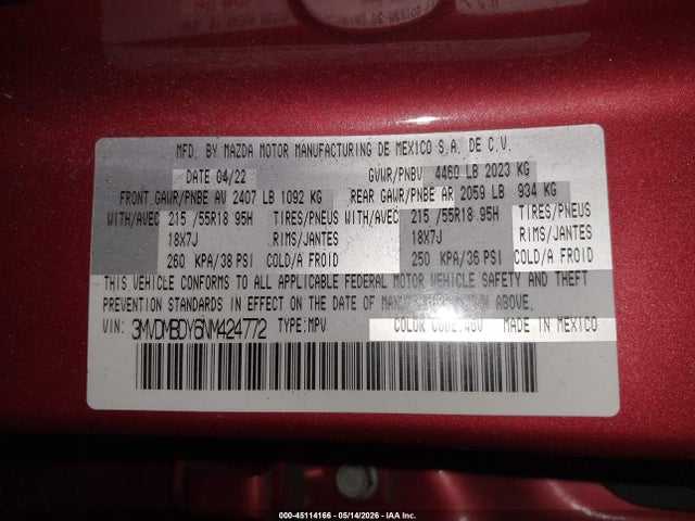 45114166 :رقم المزاد ، 3MVDMBDY6NM424772 vin ، 2022 Mazda Cx-30 2.5 Turbo Premium مزاد بيع