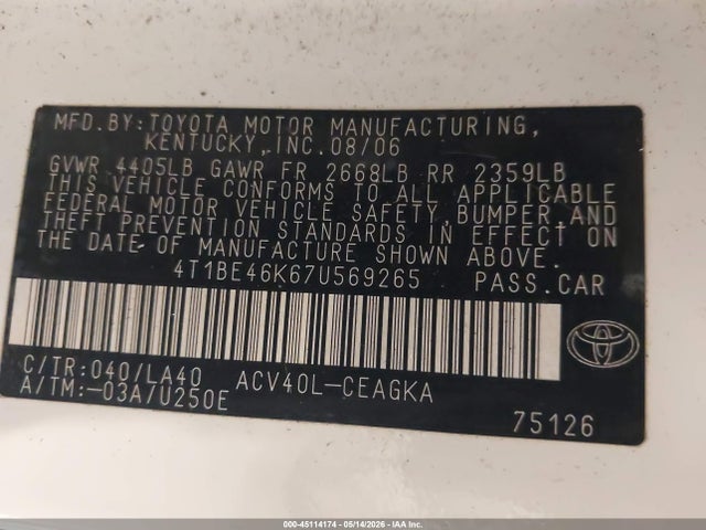 45114174 :رقم المزاد ، 4T1BE46K67U569265 vin ، 2007 Toyota Camry Xle مزاد بيع