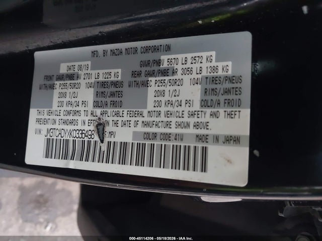 Aukcja sprzedaży 2019 Mazda Cx-9 Grand Touring, vin: JM3TCADYXK0336498, numer aukcji: 45114206