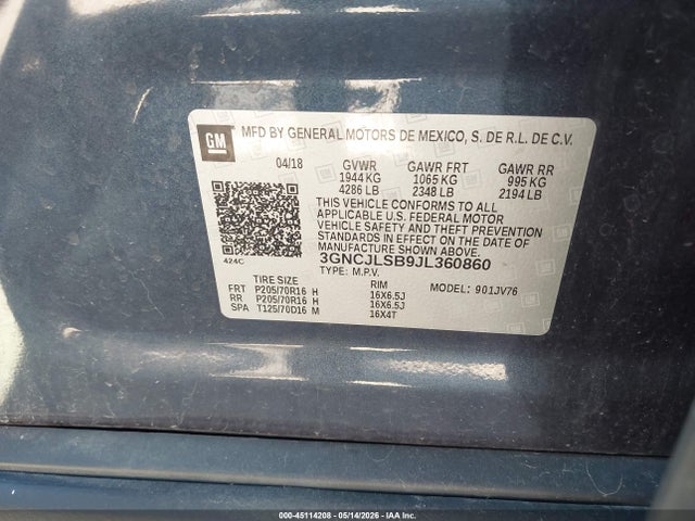 45114208 :رقم المزاد ، 3GNCJLSB9JL360860 vin ، 2018 Chevrolet Trax Lt مزاد بيع