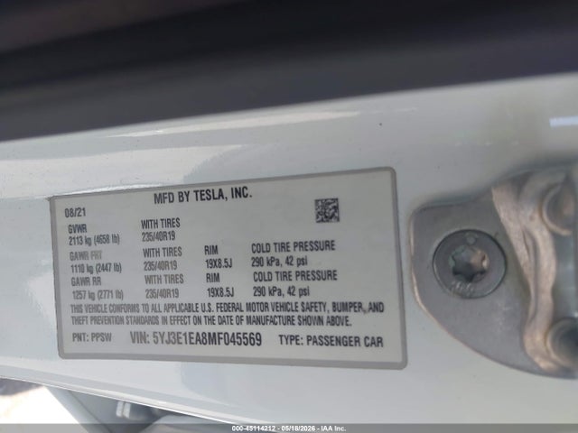 Tesla Model 3 Standard Range Plus Rear-wheel Drive 2021 5YJ3E1EA8MF045569 Image 9