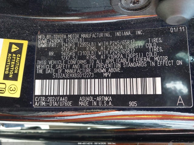 Aukcja sprzedaży 2011 Toyota Highlander, vin: 5TDZA3EHXBS012273, numer aukcji: 45114218