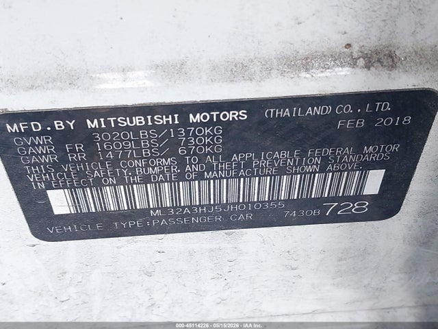 Продажа на аукционе авто 2018 Mitsubishi Mirage Es, vin: ML32A3HJ5JH010355, номер лота: 45114226