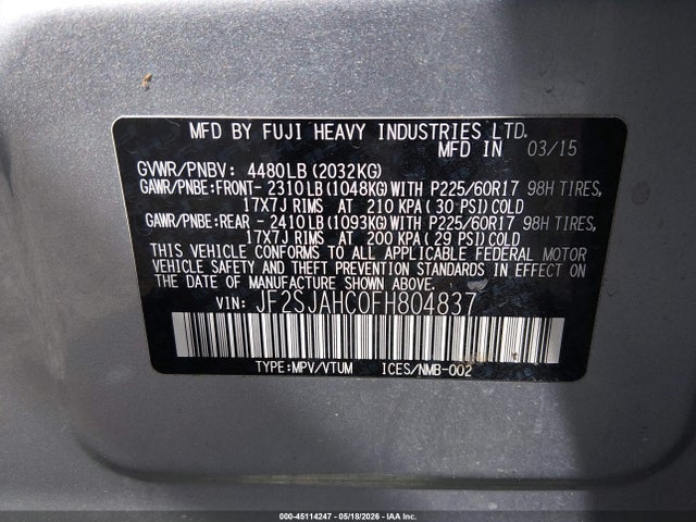 Subaru Forester 2.5i Limited 2015 JF2SJAHC0FH804837 Image 9