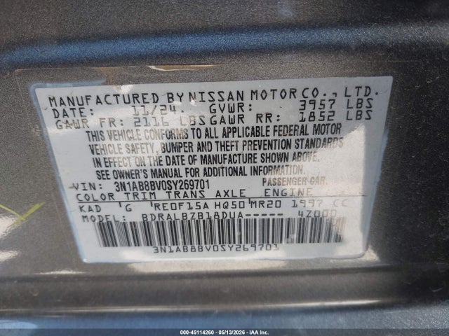 Продажа на аукционе авто 2025 Nissan Sentra S, vin: 3N1AB8BV0SY269701, номер лота: 45114260