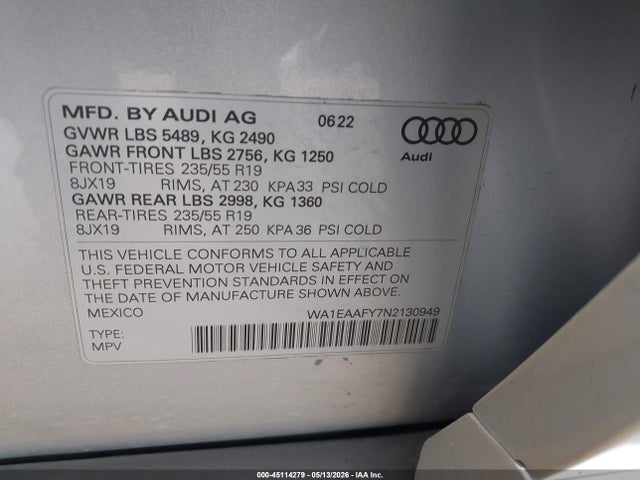 Aukcja sprzedaży 2022 Audi Q5 Premium Plus 45 Tfsi S Line Quattro S Tronic, vin: WA1EAAFY7N2130949, numer aukcji: 45114279