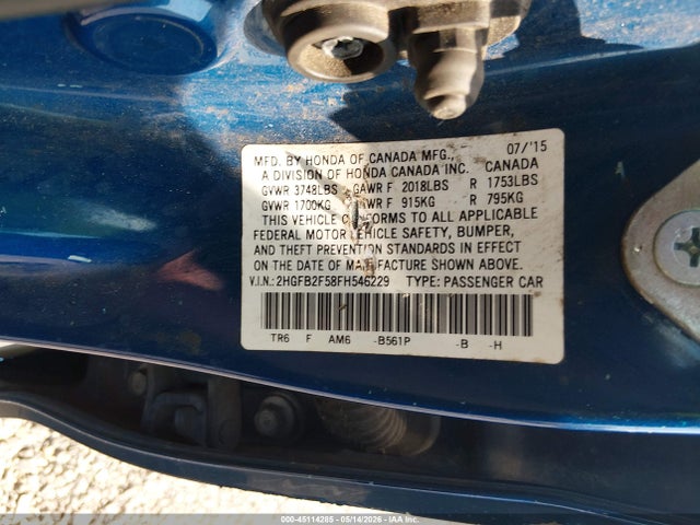 Продажа на аукционе авто 2015 Honda Civic Lx, vin: 2HGFB2F58FH546229, номер лота: 45114285