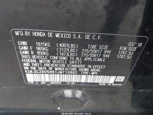 Aukcja sprzedaży 2018 Honda Hr-v Ex, vin: 3CZRU5H51JM710882, numer aukcji: 45114288