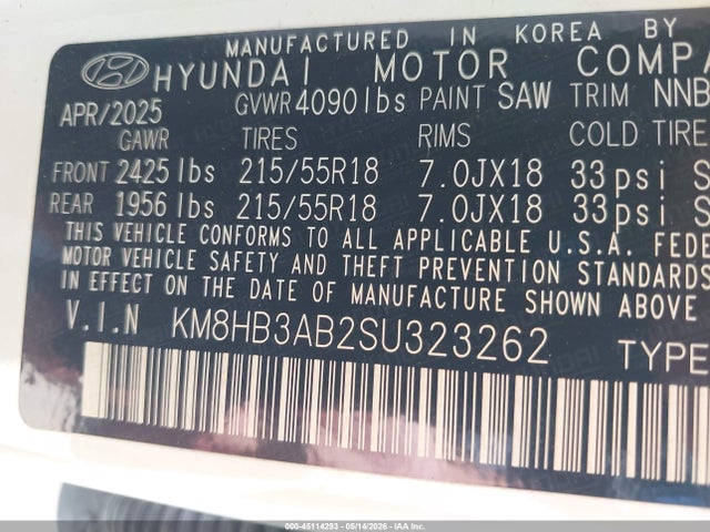 45114293 :رقم المزاد ، KM8HB3AB2SU323262 vin ، 2025 Hyundai Kona Sel مزاد بيع