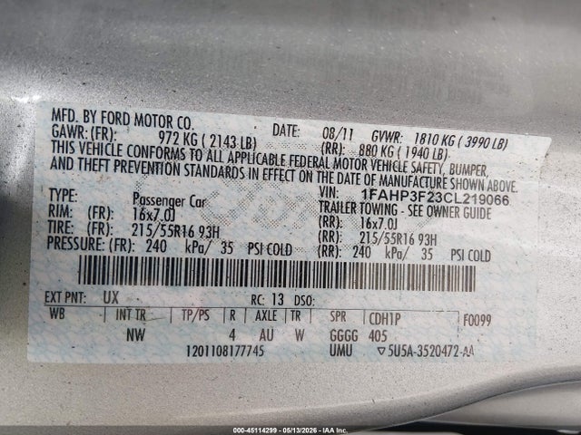 2012 Ford Focus Se მანქანა იყიდება აუქციონზე, vin: 1FAHP3F23CL219066, აუქციონის ნომერი: 45114299