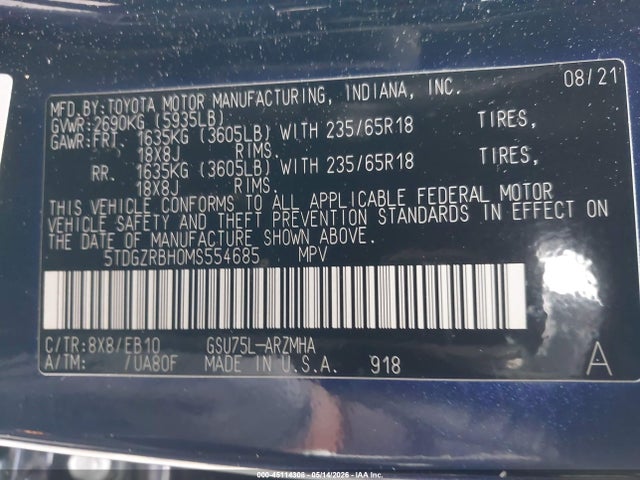 Aukcja sprzedaży 2021 Toyota Highlander Xle, vin: 5TDGZRBH0MS554685, numer aukcji: 45114308