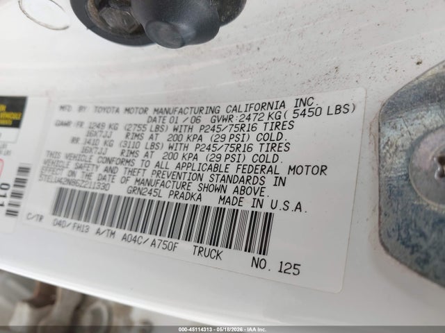 45114313 :رقم المزاد ، 5TELU42N86Z211330 vin ، 2006 Toyota Tacoma Base V6 مزاد بيع