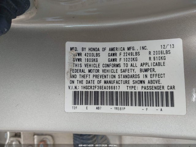 Aukcja sprzedaży 2014 Honda Accord Lx, vin: 1HGCR2F36EA096817, numer aukcji: 45114325