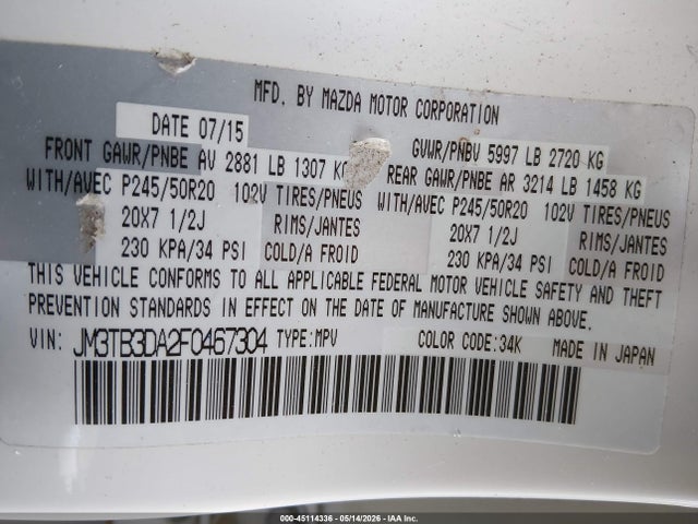 45114336 :رقم المزاد ، JM3TB3DA2F0467304 vin ، 2015 Mazda Cx-9 Grand Touring مزاد بيع