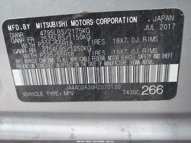 Aukcja sprzedaży 2017 Mitsubishi Outlander Es, vin: JA4AD2A30HZ070130, numer aukcji: 45114344