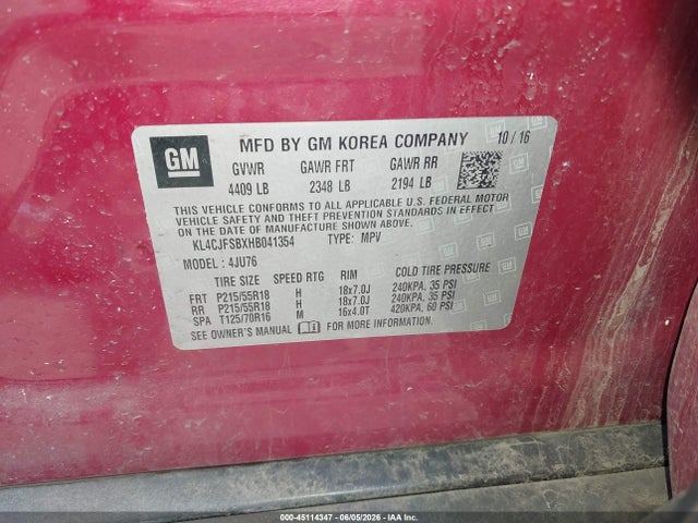 Aukcja sprzedaży 2017 Buick Encore Preferred Ii, vin: KL4CJFSBXHB041354, numer aukcji: 45114347