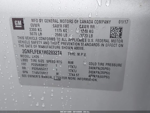 Продаж на аукціоні авто 2017 Chevrolet Equinox Lt, vin: 2GNFLFEK1H6283274, номер лоту: 45114360