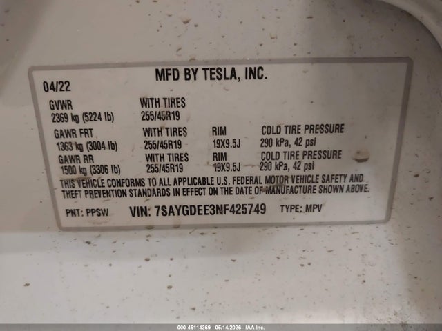 Aukcja sprzedaży 2022 Tesla Model Y Long Range Dual Motor All-wheel Drive, vin: 7SAYGDEE3NF425749, numer aukcji: 45114369