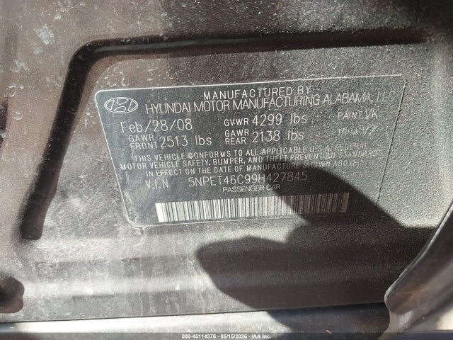 Aukcja sprzedaży 2009 Hyundai Sonata Gls, vin: 5NPET46C99H427845, numer aukcji: 45114370