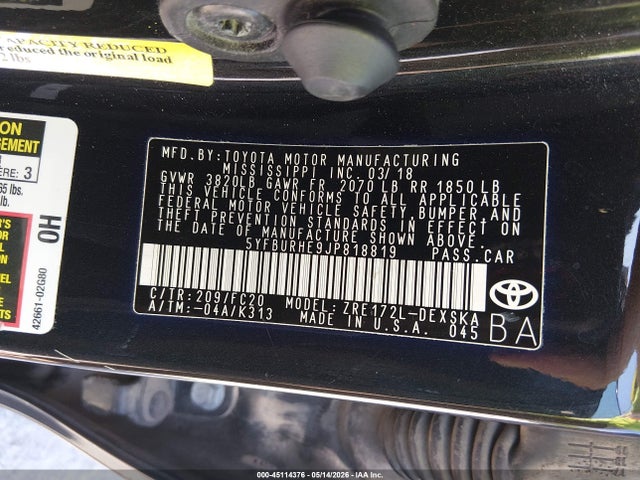 45114376 :رقم المزاد ، 5YFBURHE9JP818819 vin ، 2018 Toyota Corolla Se مزاد بيع