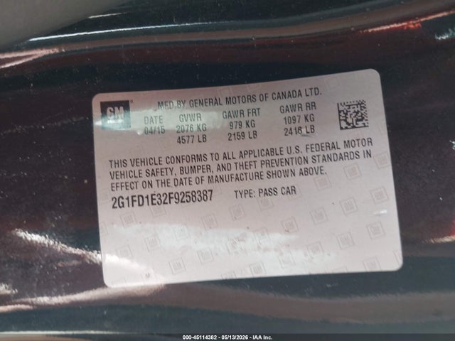 45114382 :رقم المزاد ، 2G1FD1E32F9258387 vin ، 2015 Chevrolet Camaro 1lt مزاد بيع