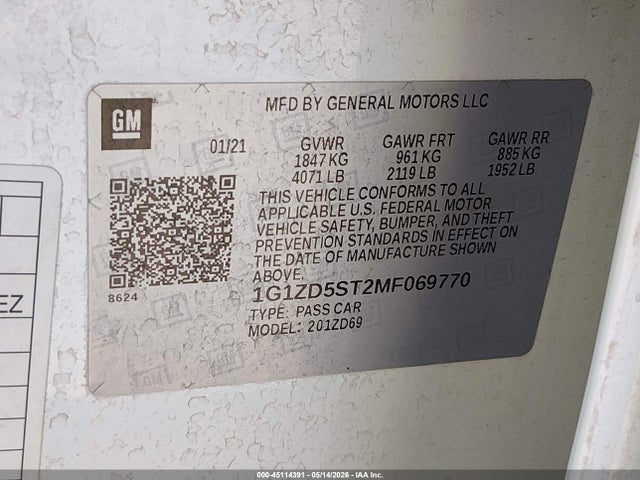 1G1ZD5ST2MF069770 Chevrolet Malibu Fwd Lt