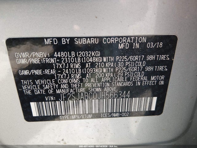 45114393 :رقم المزاد ، JF2SJABC0JH566344 vin ، 2018 Subaru Forester 2.5i مزاد بيع