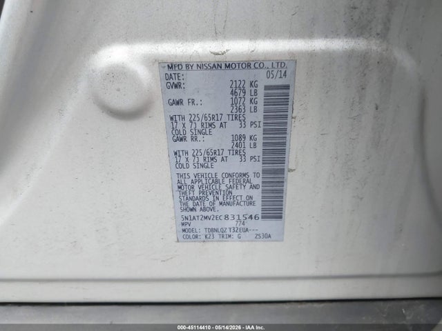 45114410 :رقم المزاد ، 5N1AT2MV2EC831546 vin ، 2014 Nissan Rogue Sv مزاد بيع
