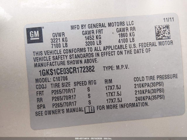 45114414 :رقم المزاد ، 1GKS1CE03CR172382 vin ، 2012 Gmc Yukon Slt مزاد بيع