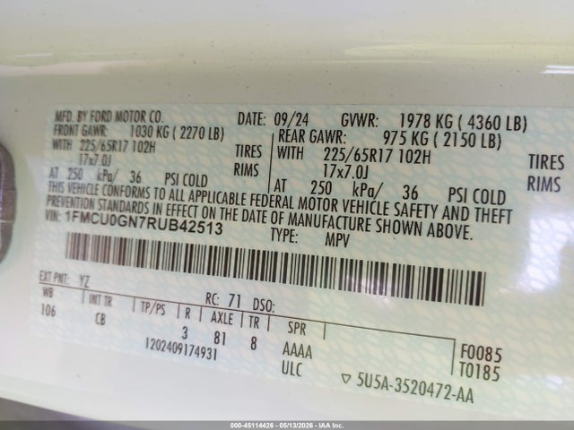 Продажа на аукционе авто 2024 Ford Escape Active, vin: 1FMCU0GN7RUB42513, номер лота: 45114426