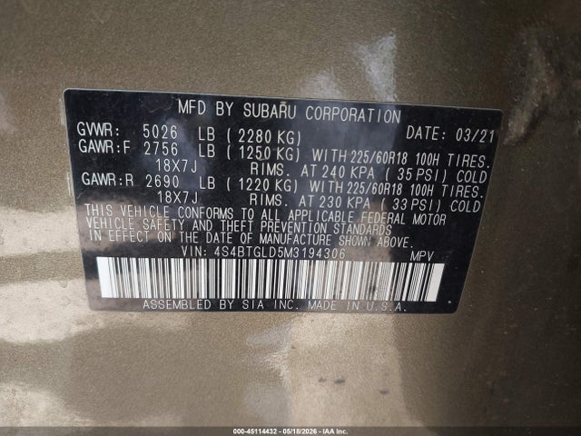 Продажа на аукционе авто 2021 Subaru Outback Onyx Edition Xt, vin: 4S4BTGLD5M3194306, номер лота: 45114432