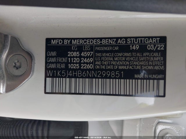 Aukcja sprzedaży 2022 Mercedes-benz Cla 250 Coupe 4matic, vin: W1K5J4HB6NN299851, numer aukcji: 45114449