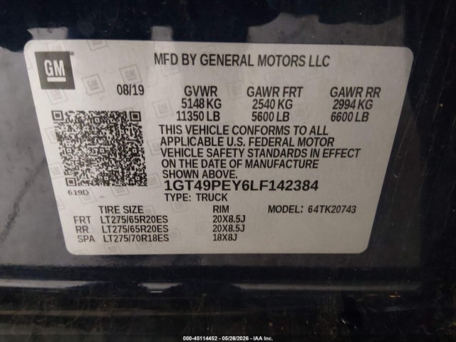 Aukcja sprzedaży 2020 Gmc Sierra 2500hd 4wd  Standard Bed At4, vin: 1GT49PEY6LF142384, numer aukcji: 45114452