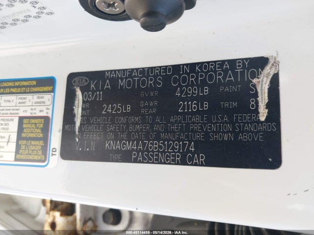 Aukcja sprzedaży 2011 Kia Optima Lx, vin: KNAGM4A76B5129174, numer aukcji: 45114459