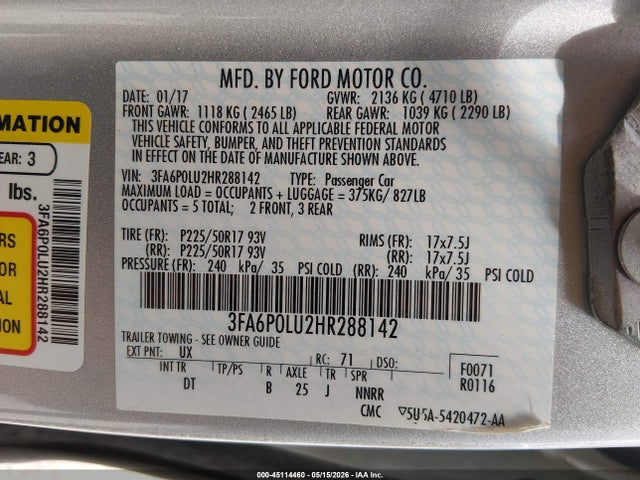 Продажа на аукционе авто 2017 Ford Fusion Hybrid Se, vin: 3FA6P0LU2HR288142, номер лота: 45114460