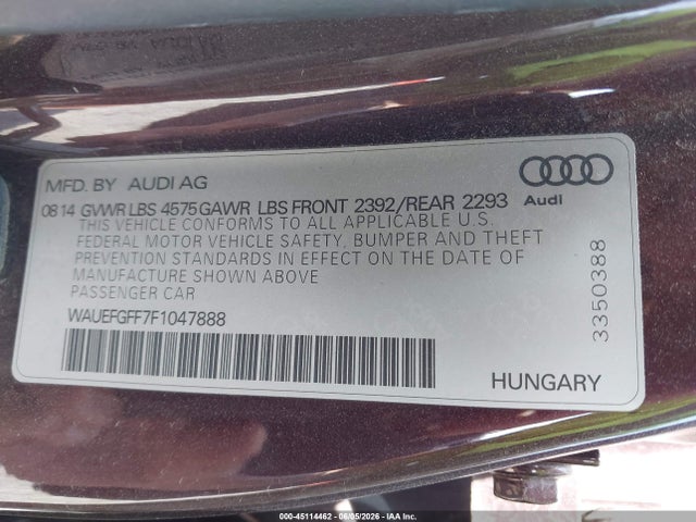2015 Audi A3 2.0t Premium მანქანა იყიდება აუქციონზე, vin: WAUEFGFF7F1047888, აუქციონის ნომერი: 45114462