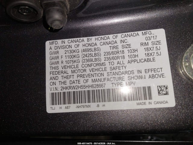 45114470 :رقم المزاد ، 2HKRW2H55HH628667 vin ، 2017 Honda Cr-v Ex مزاد بيع