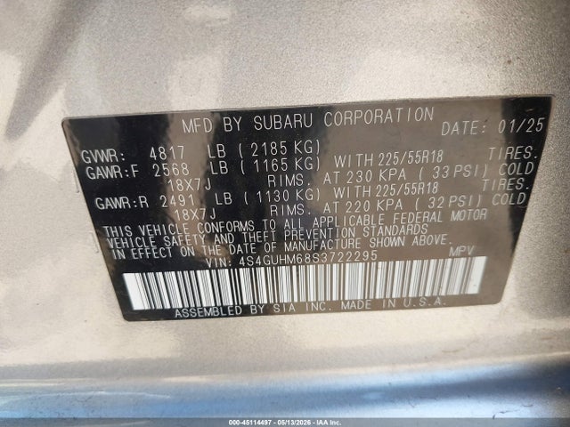 2025 Subaru Crosstrek Limited მანქანა იყიდება აუქციონზე, vin: 4S4GUHM68S3722295, აუქციონის ნომერი: 45114497