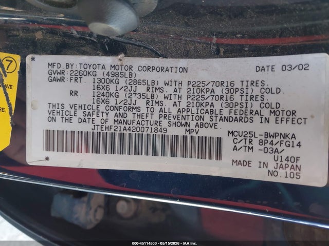 Aukcja sprzedaży 2002 Toyota Highlander V6, vin: JTEHF21A420071849, numer aukcji: 45114500