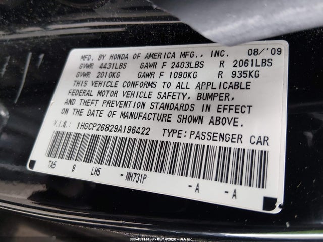 2009 Honda Accord 2.4 Ex-l მანქანა იყიდება აუქციონზე, vin: 1HGCP26829A196422, აუქციონის ნომერი: 45114499