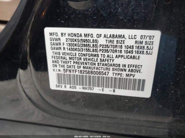 45114505 :رقم المزاد ، 5FNYF18258B006547 vin ، 2008 Honda Pilot Vp مزاد بيع