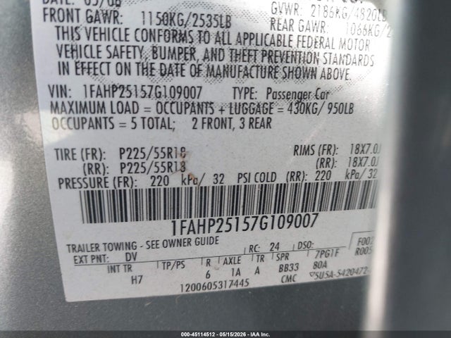 Продаж на аукціоні авто 2007 Ford Five Hundred Limited, vin: 1FAHP25157G109007, номер лоту: 45114512