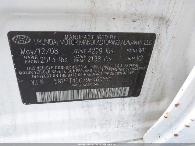 Aukcja sprzedaży 2009 Hyundai Sonata Gls, vin: 5NPET46C79H460861, numer aukcji: 45114513