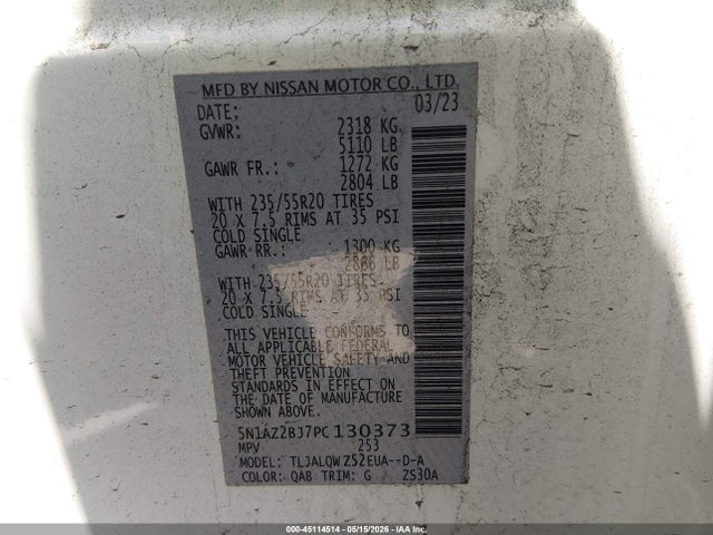45114514 :رقم المزاد ، 5N1AZ2BJ7PC130373 vin ، 2023 Nissan Murano Sv Fwd مزاد بيع