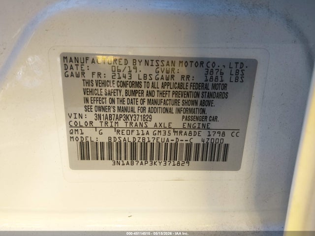 Auction sale of the 2019 Nissan Sentra Sv, vin: 3N1AB7AP3KY371829, lot number: 45114515