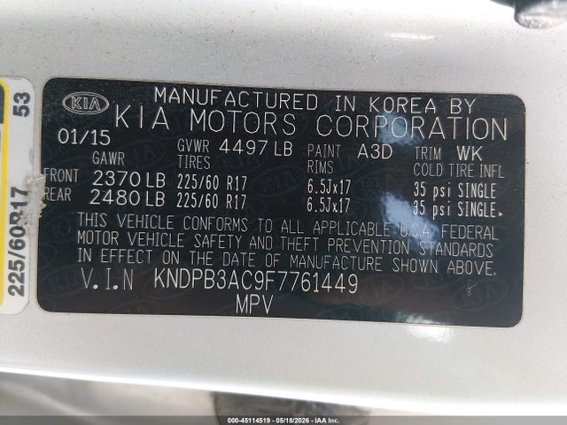 45114519 :رقم المزاد ، KNDPB3AC9F7761449 vin ، 2015 Kia Sportage Lx مزاد بيع