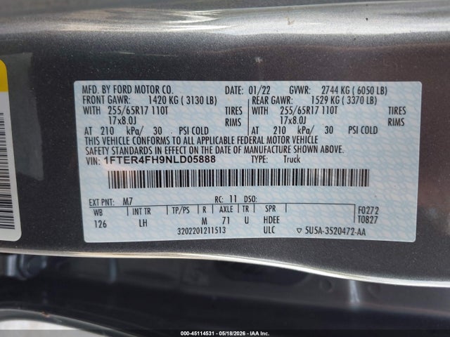 Ford Ranger Xlt 2022 1FTER4FH9NLD05888 Image 9